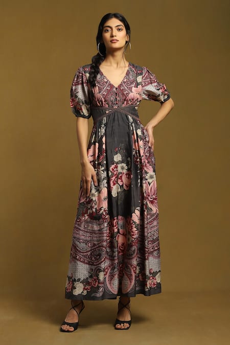 Ritu Kumar Grey Silk Print Alexander Floral V Neck Dress 