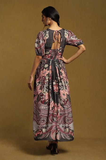 Shop Ritu Kumar Grey Silk V-neck Alexander Floral Print Dress at Aza Fashions Shop_Ritu Kumar_Grey Silk V-neck Alexander Floral Print Dress_at_Aza_Fashions