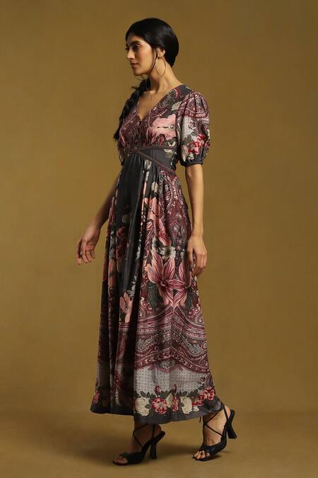 Ritu Kumar Grey Silk V-neck Alexander Floral Print Dress Online at Aza Fashions Ritu Kumar_Grey Silk V-neck Alexander Floral Print Dress_Online_at_Aza_Fashions