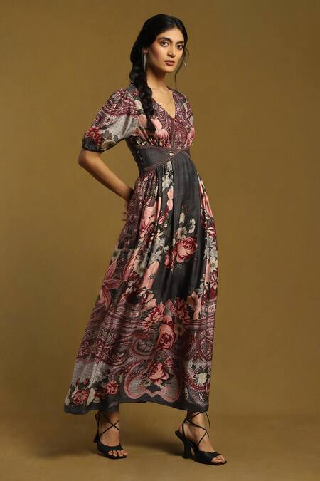 Buy Ritu Kumar Grey Silk V-neck Alexander Floral Print Dress Online at Aza Fashions Buy_Ritu Kumar_Grey Silk V-neck Alexander Floral Print Dress_Online_at_Aza_Fashions