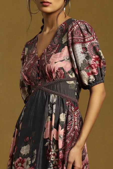 Shop Ritu Kumar Grey Silk V-neck Alexander Floral Print Dress Online at Aza Fashions Shop_Ritu Kumar_Grey Silk V-neck Alexander Floral Print Dress_Online_at_Aza_Fashions