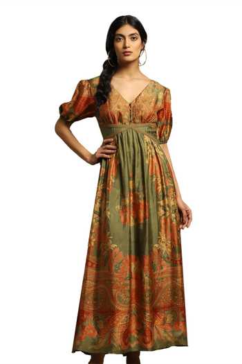 Ritu Kumar_Green Silk V-neck Alexander Floral Print Maxi Dress_Online_at_Aza_Fashions