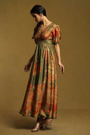 Buy_Ritu Kumar_Green Silk V-neck Alexander Floral Print Maxi Dress_Online_at_Aza_Fashions