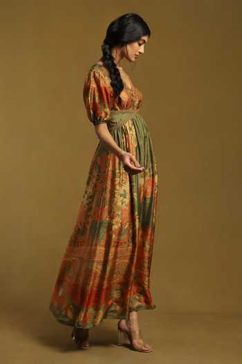 Shop_Ritu Kumar_Green Silk V-neck Alexander Floral Print Maxi Dress_Online_at_Aza_Fashions