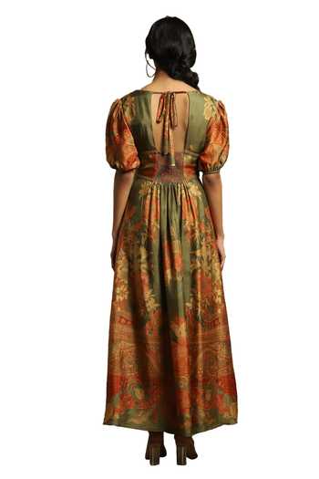 Ritu Kumar_Green Silk V-neck Alexander Floral Print Maxi Dress_at_Aza_Fashions