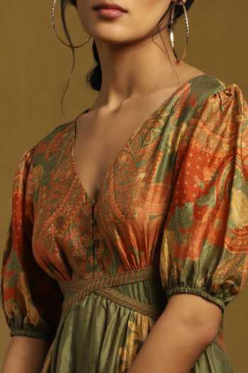 Buy_Ritu Kumar_Green Silk V-neck Alexander Floral Print Maxi Dress