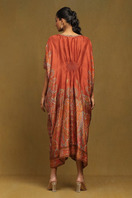 Shop_Ritu Kumar_Orange Silk Embroidery V-neck Joshika Print Kaftan _at_Aza_Fashions