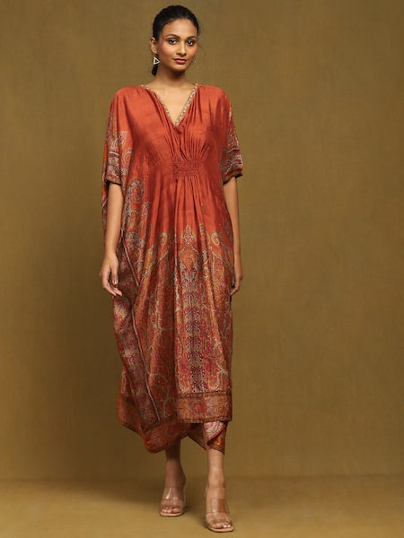 Ritu Kumar_Orange Silk Embroidery V-neck Joshika Print Kaftan _Online_at_Aza_Fashions