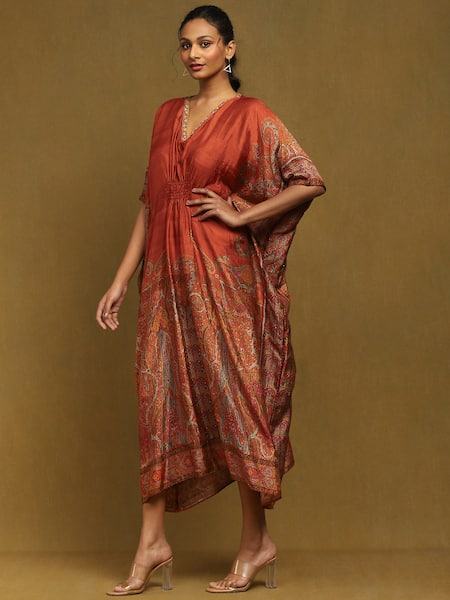 Buy_Ritu Kumar_Orange Silk Embroidery V-neck Joshika Print Kaftan _Online_at_Aza_Fashions