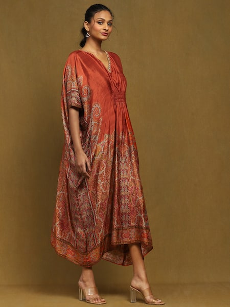 Shop_Ritu Kumar_Orange Silk Embroidery V-neck Joshika Print Kaftan _Online_at_Aza_Fashions
