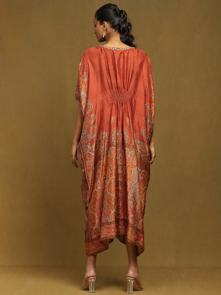 Ritu Kumar_Orange Silk Embroidery V-neck Joshika Print Kaftan _at_Aza_Fashions