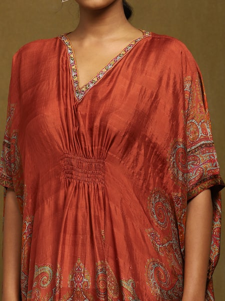 Buy_Ritu Kumar_Orange Silk Embroidery V-neck Joshika Print Kaftan 