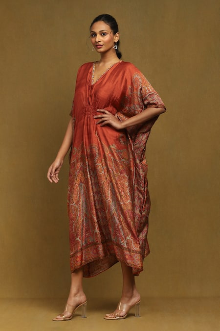 Shop_Ritu Kumar_Orange Silk Embroidery V-neck Joshika Print Kaftan 