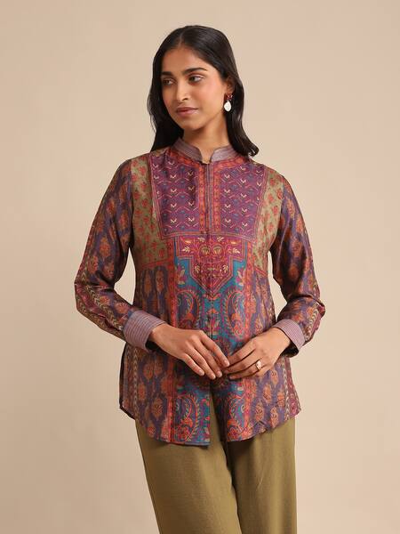 Buy_Ritu Kumar_Purple Silk Embroidery Bandeau Neck Pushkar Floral Print Kurta_Online_at_Aza_Fashions