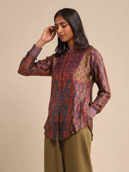 Shop_Ritu Kumar_Purple Silk Embroidery Bandeau Neck Pushkar Floral Print Kurta_Online_at_Aza_Fashions