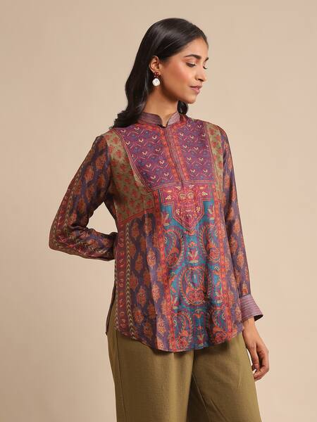 Ritu Kumar_Purple Silk Embroidery Bandeau Neck Pushkar Floral Print Kurta_at_Aza_Fashions