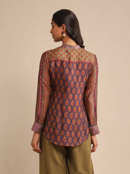 Buy_Ritu Kumar_Purple Silk Embroidery Bandeau Neck Pushkar Floral Print Kurta