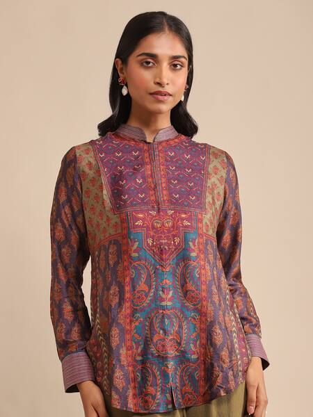 Shop_Ritu Kumar_Purple Silk Embroidery Bandeau Neck Pushkar Floral Print Kurta