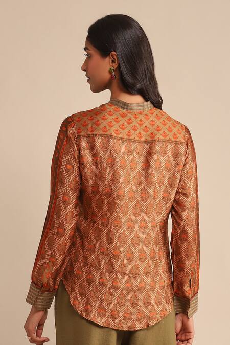 Shop Ritu Kumar Orange Silk Embroidery Bandeau Neck Pushkar Flower Print Kurta at Aza Fashions Shop_Ritu Kumar_Orange Silk Embroidery Bandeau Neck Pushkar Flower Print Kurta_at_Aza_Fashions
