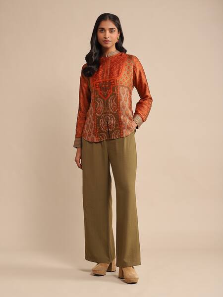 Ritu Kumar Orange Silk Embroidery Bandeau Neck Pushkar Flower Print Kurta Online at Aza Fashions Ritu Kumar_Orange Silk Embroidery Bandeau Neck Pushkar Flower Print Kurta_Online_at_Aza_Fashions