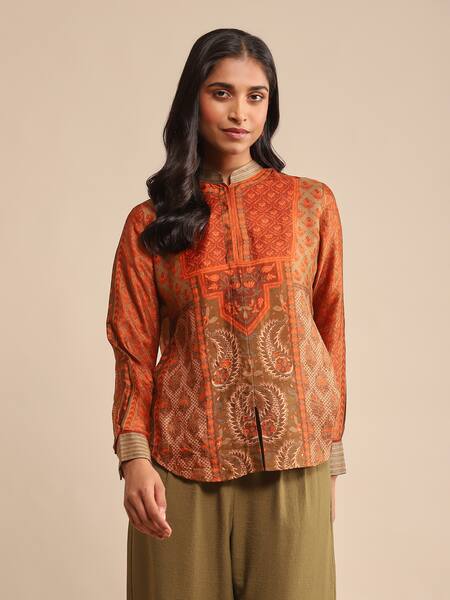 Buy Ritu Kumar Orange Silk Embroidery Bandeau Neck Pushkar Flower Print Kurta Online at Aza Fashions Buy_Ritu Kumar_Orange Silk Embroidery Bandeau Neck Pushkar Flower Print Kurta_Online_at_Aza_Fashions