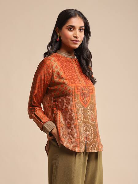 Ritu Kumar Orange Silk Embroidery Bandeau Neck Pushkar Flower Print Kurta at Aza Fashions Ritu Kumar_Orange Silk Embroidery Bandeau Neck Pushkar Flower Print Kurta_at_Aza_Fashions