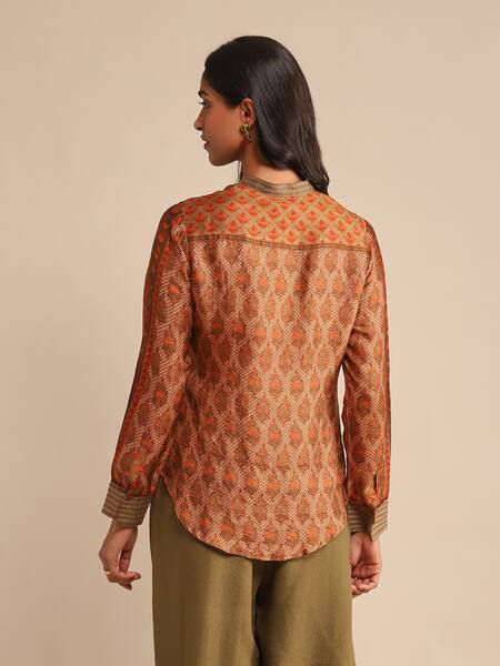 Buy Ritu Kumar Orange Silk Embroidery Bandeau Neck Pushkar Flower Print Kurta Buy_Ritu Kumar_Orange Silk Embroidery Bandeau Neck Pushkar Flower Print Kurta