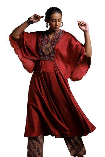 Ritu Kumar_Maroon Silk, Viscose, Kulha Mughal Bloom Kurta With Paisley Pant _Online_at_Aza_Fashions