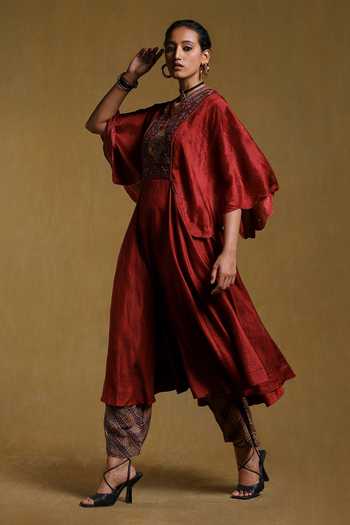 Buy_Ritu Kumar_Maroon Silk, Viscose, Kulha Mughal Bloom Kurta With Paisley Pant _Online_at_Aza_Fashions