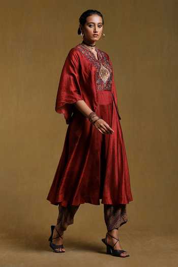 Shop_Ritu Kumar_Maroon Silk, Viscose, Kulha Mughal Bloom Kurta With Paisley Pant _Online_at_Aza_Fashions