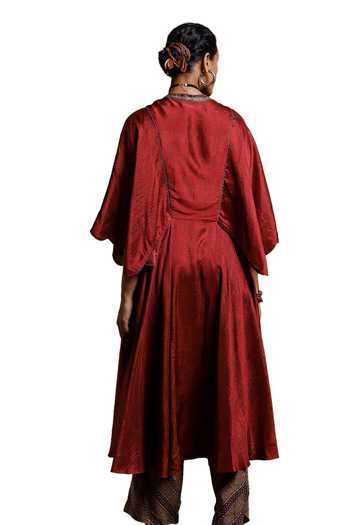 Ritu Kumar_Maroon Silk, Viscose, Kulha Mughal Bloom Kurta With Paisley Pant _at_Aza_Fashions