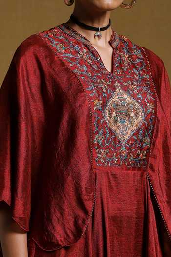 Buy_Ritu Kumar_Maroon Silk, Viscose, Kulha Mughal Bloom Kurta With Paisley Pant 