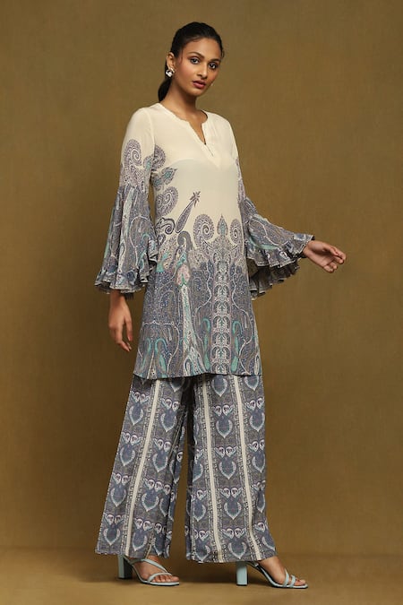 Ritu Kumar_Off White Silk, Viscose Round Joshika Paisley Bloom Print Kurta With Palazzo _Online_at_Aza_Fashions