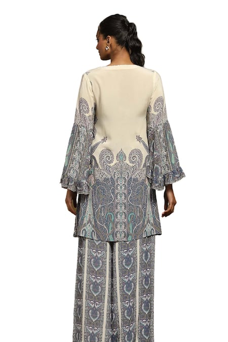 Buy_Ritu Kumar_Off White Silk, Viscose Round Joshika Paisley Bloom Print Kurta With Palazzo _Online_at_Aza_Fashions