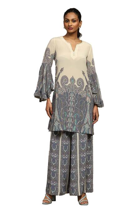 Shop_Ritu Kumar_Off White Silk, Viscose Round Joshika Paisley Bloom Print Kurta With Palazzo _Online_at_Aza_Fashions