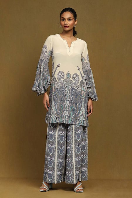 Ritu Kumar_Off White Silk, Viscose Round Joshika Paisley Bloom Print Kurta With Palazzo _at_Aza_Fashions