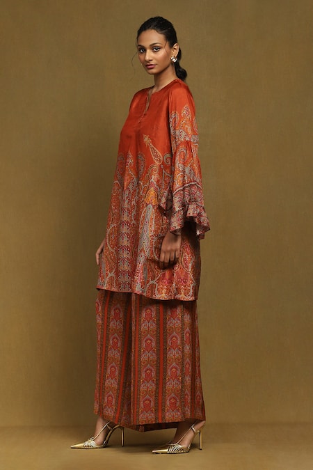 Buy_Ritu Kumar_Orange Silk, Viscose Embroidery Joshika Paisley Blossom Print Kurta With Palazzo _Online_at_Aza_Fashions