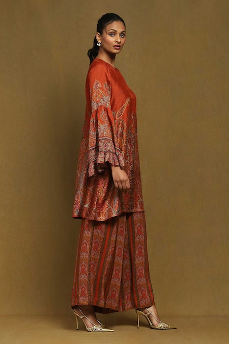Shop_Ritu Kumar_Orange Silk, Viscose Embroidery Joshika Paisley Blossom Print Kurta With Palazzo _Online_at_Aza_Fashions