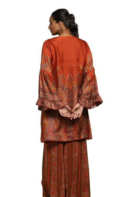 Ritu Kumar_Orange Silk, Viscose Embroidery Joshika Paisley Blossom Print Kurta With Palazzo _at_Aza_Fashions