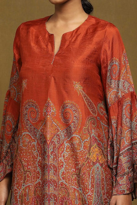 Buy_Ritu Kumar_Orange Silk, Viscose Embroidery Joshika Paisley Blossom Print Kurta With Palazzo 