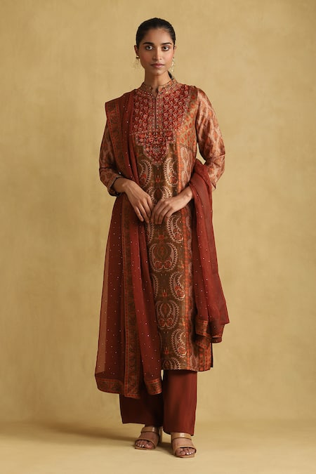 Ritu Kumar Pushkar Damask Bloom Print & Embroidered Kurta Palazzo Set 