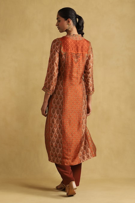 Shop Ritu Kumar Orange Silk, Viscose Embroidery Pushkar Damask Bloom Print And Kurta Palazzo Set at Aza Fashions Shop_Ritu Kumar_Orange Silk, Viscose Embroidery Pushkar Damask Bloom Print And Kurta Palazzo Set_at_Aza_Fashions