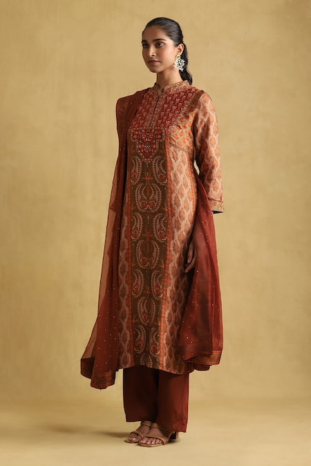 Ritu Kumar Orange Silk, Viscose Embroidery Pushkar Damask Bloom Print And Kurta Palazzo Set Online at Aza Fashions Ritu Kumar_Orange Silk, Viscose Embroidery Pushkar Damask Bloom Print And Kurta Palazzo Set_Online_at_Aza_Fashions