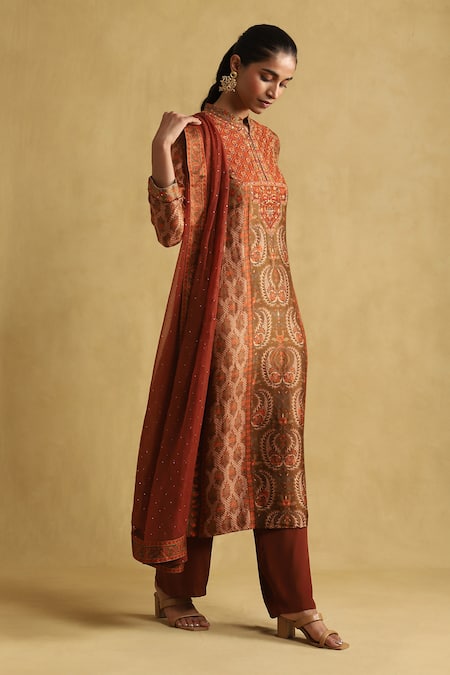 Buy Ritu Kumar Orange Silk, Viscose Embroidery Pushkar Damask Bloom Print And Kurta Palazzo Set Online at Aza Fashions Buy_Ritu Kumar_Orange Silk, Viscose Embroidery Pushkar Damask Bloom Print And Kurta Palazzo Set_Online_at_Aza_Fashions