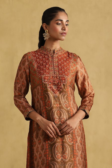 Shop Ritu Kumar Orange Silk, Viscose Embroidery Pushkar Damask Bloom Print And Kurta Palazzo Set Online at Aza Fashions Shop_Ritu Kumar_Orange Silk, Viscose Embroidery Pushkar Damask Bloom Print And Kurta Palazzo Set_Online_at_Aza_Fashions