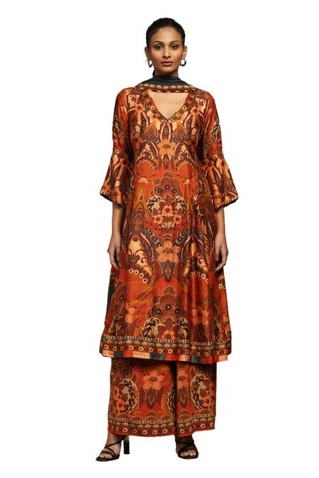 Ritu Kumar_Orange Rayon, Viscose Embroidery V-neck Mandala Bloom Print Kurta Palazzo Set_Online_at_Aza_Fashions
