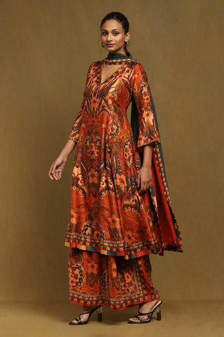 Buy_Ritu Kumar_Orange Rayon, Viscose Embroidery V-neck Mandala Bloom Print Kurta Palazzo Set_Online_at_Aza_Fashions