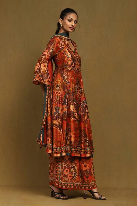Shop_Ritu Kumar_Orange Rayon, Viscose Embroidery V-neck Mandala Bloom Print Kurta Palazzo Set_Online_at_Aza_Fashions