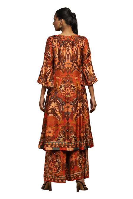 Ritu Kumar_Orange Rayon, Viscose Embroidery V-neck Mandala Bloom Print Kurta Palazzo Set_at_Aza_Fashions