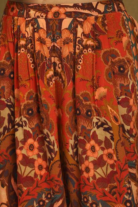 Shop_Ritu Kumar_Orange Rayon, Viscose Embroidery V-neck Mandala Bloom Print Kurta Palazzo Set